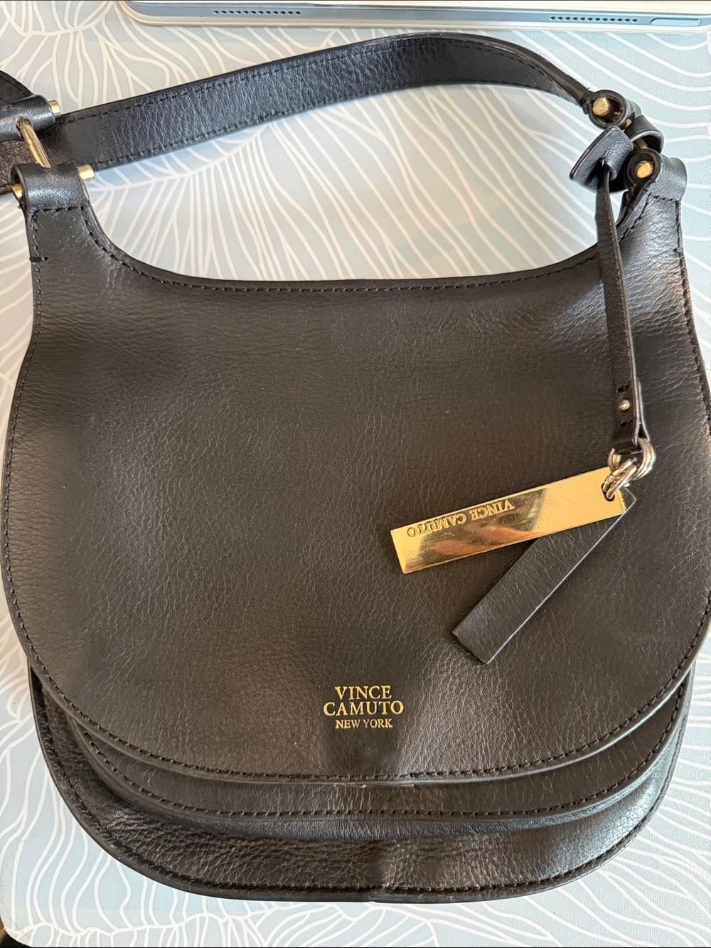 Vince Camuto Black Leather Shoulder Saddle Bag with Gold detailing
